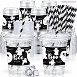 Spooky Drink Station Set: 50 Ghost Cups, Lids, Straws, Seals for Parties