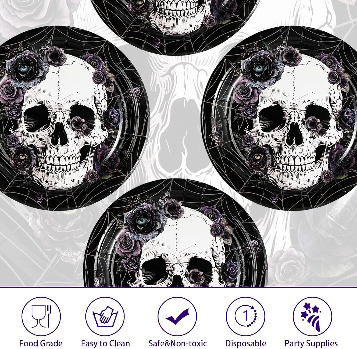 9-Inch Round Paper Plates, Skull Gothic Floral Halloween Party Set of 50