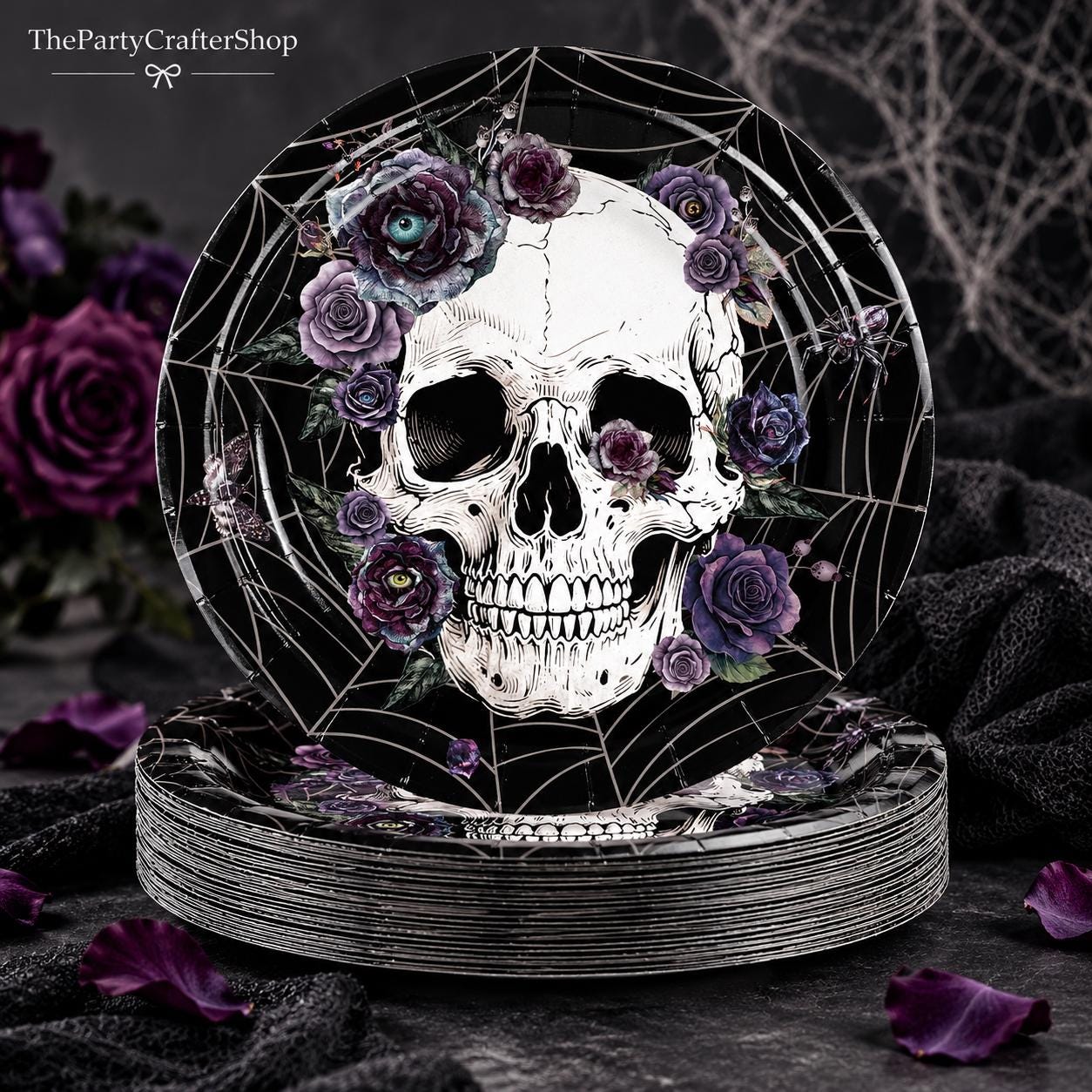 9-Inch Round Paper Plates, Skull Gothic Floral Halloween Party Set of 50