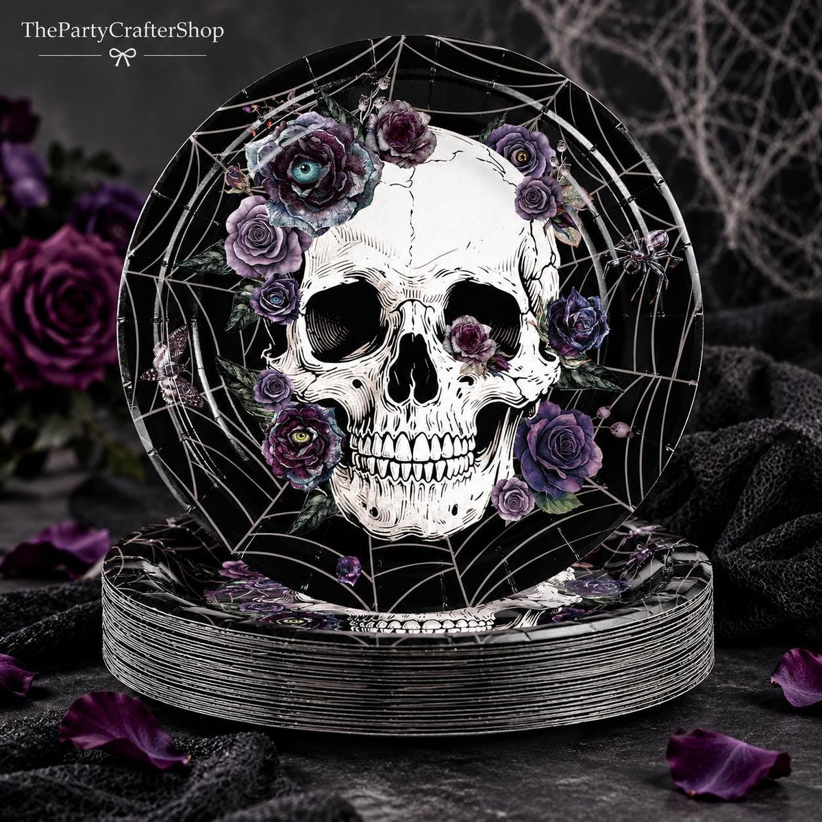 9-Inch Round Paper Plates, Skull Gothic Floral Halloween Party Set of 50
