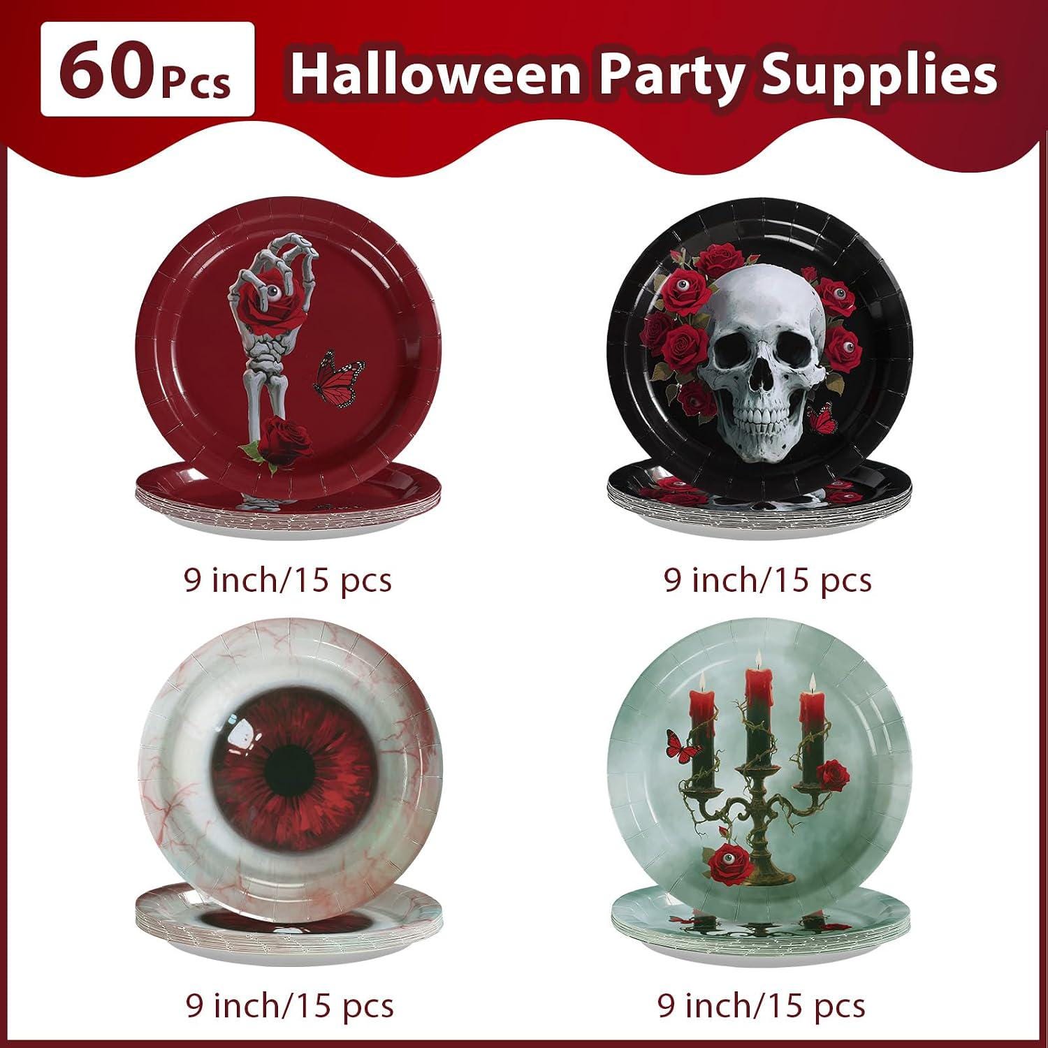 9-Inch Paper Plates, Set of 60 Halloween Table Setting with 4 Gothic Designs