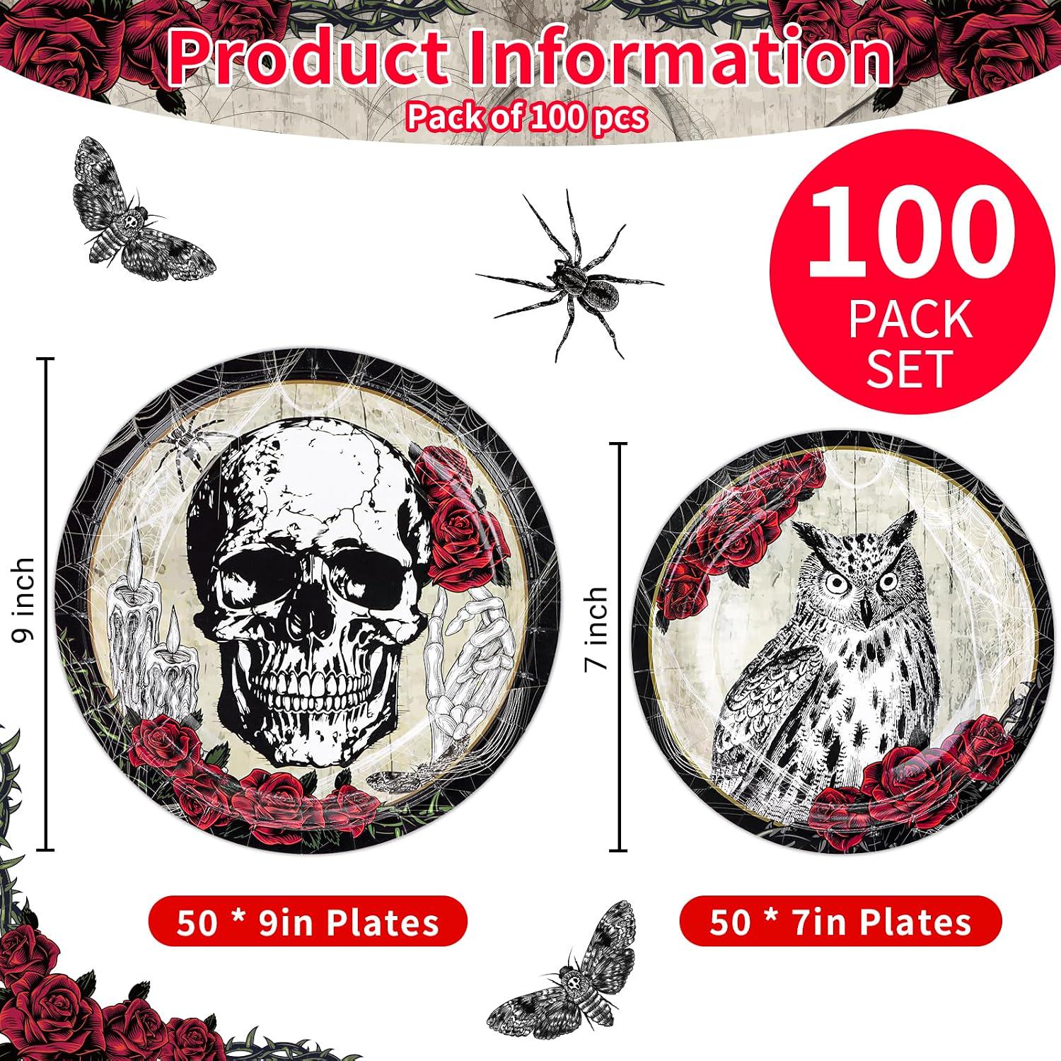 100 Piece Paper Plate Set, 9 Inch Dinner 7 Inch Dessert, Gothic Halloween Party
