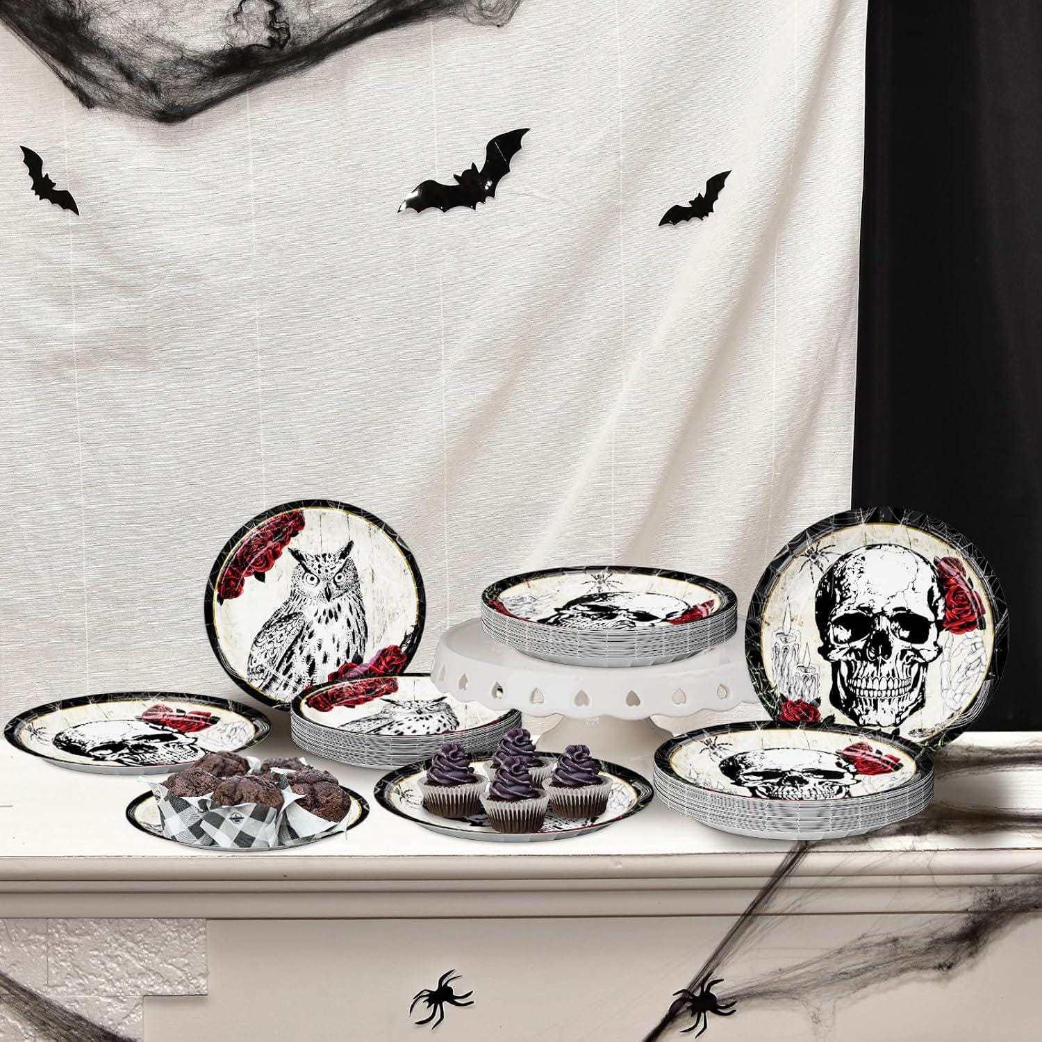 100 Piece Paper Plate Set, 9 Inch Dinner 7 Inch Dessert, Gothic Halloween Party