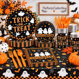 169-Piece Halloween Partyware Set, Black Orange Disposable Plates Cups Napkins Cutlery Tablecloth