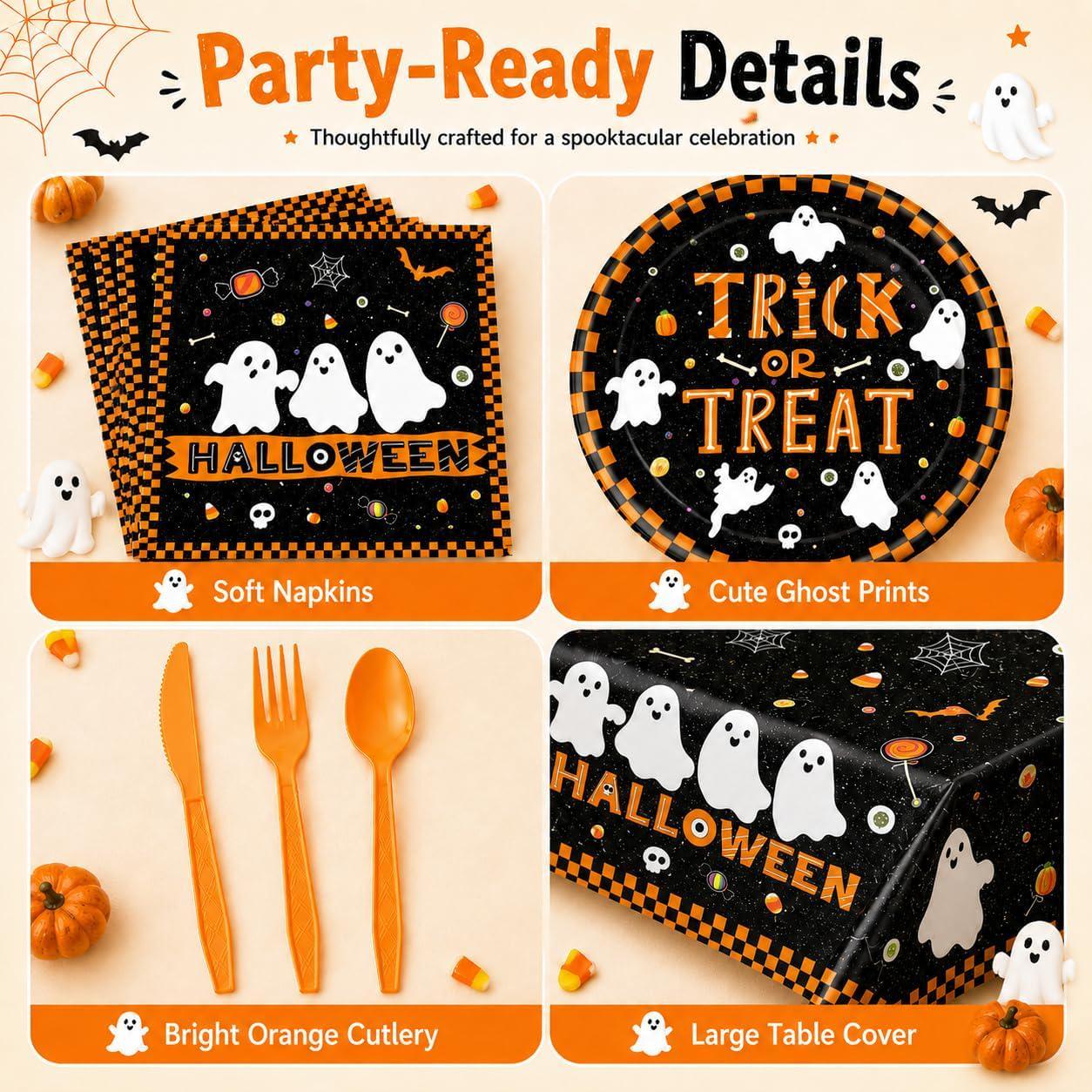 169-Piece Halloween Partyware Set, Black Orange Disposable Plates Cups Napkins Cutlery Tablecloth