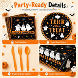 169-Piece Halloween Partyware Set, Black Orange Disposable Plates Cups Napkins Cutlery Tablecloth
