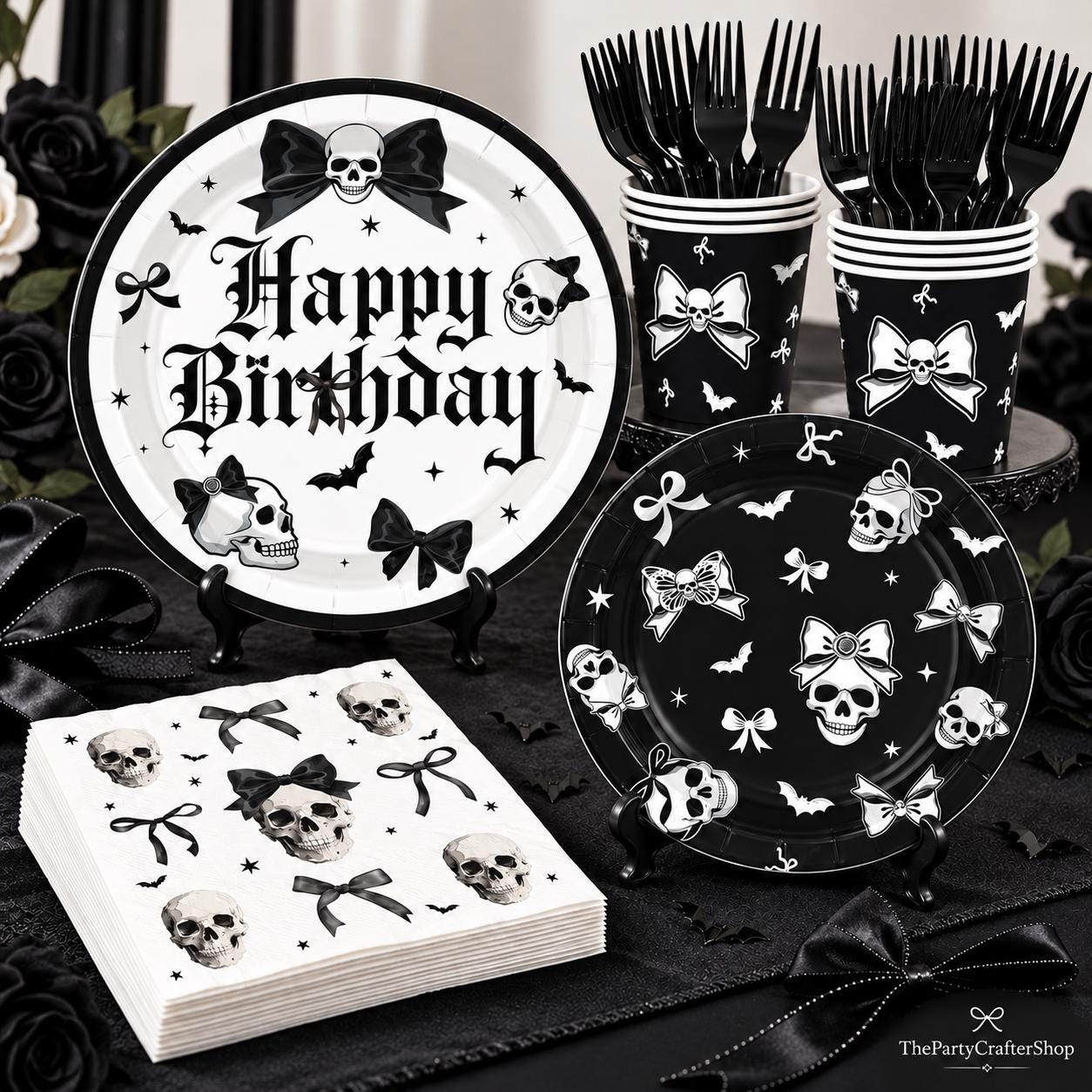 Black White Gothic Partyware: 250-Piece Disposable Skull Bats Bows Birthday Halloween Wedding Party Set