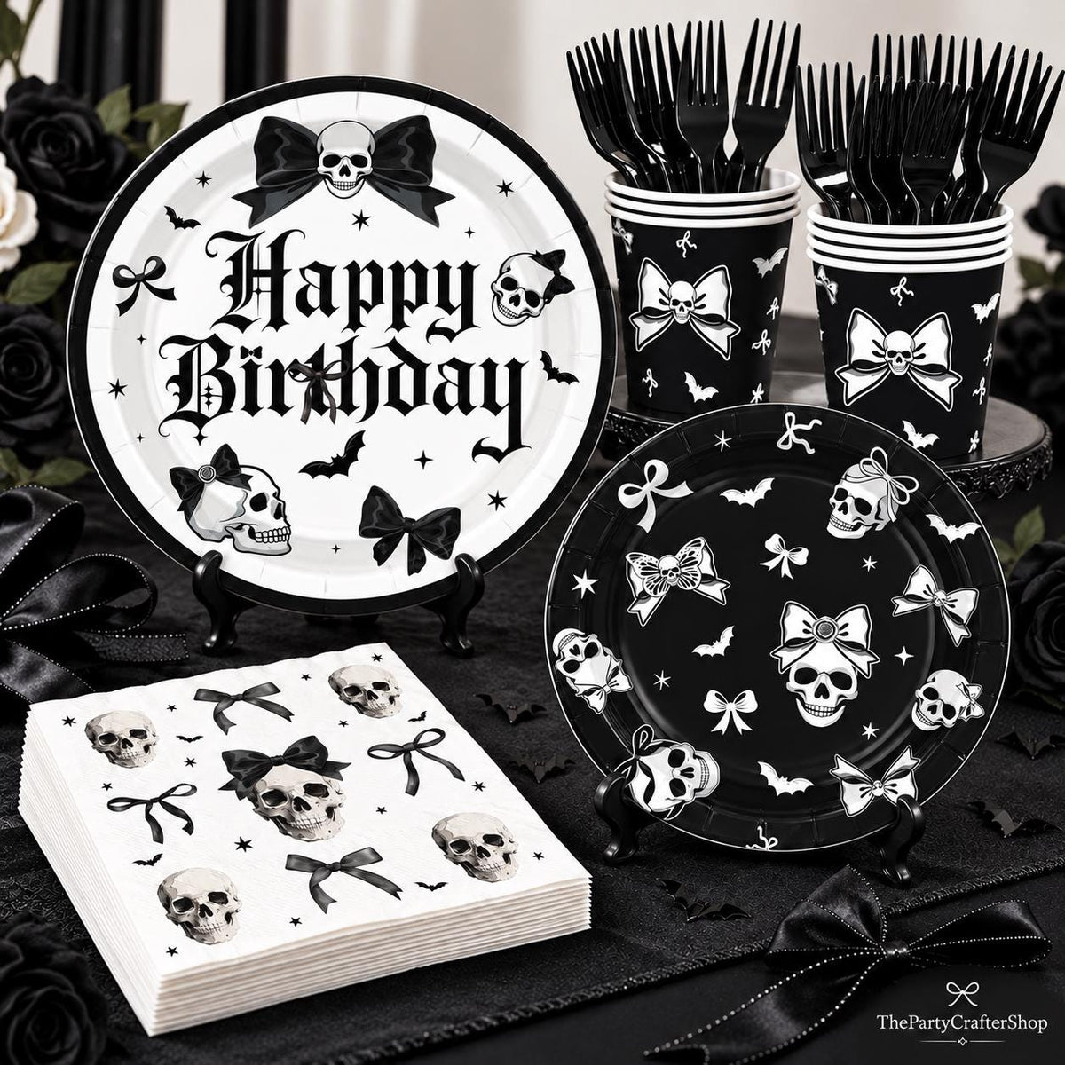 Black White Gothic Partyware: 250-Piece Disposable Skull Bats Bows Birthday Halloween Wedding Party Set