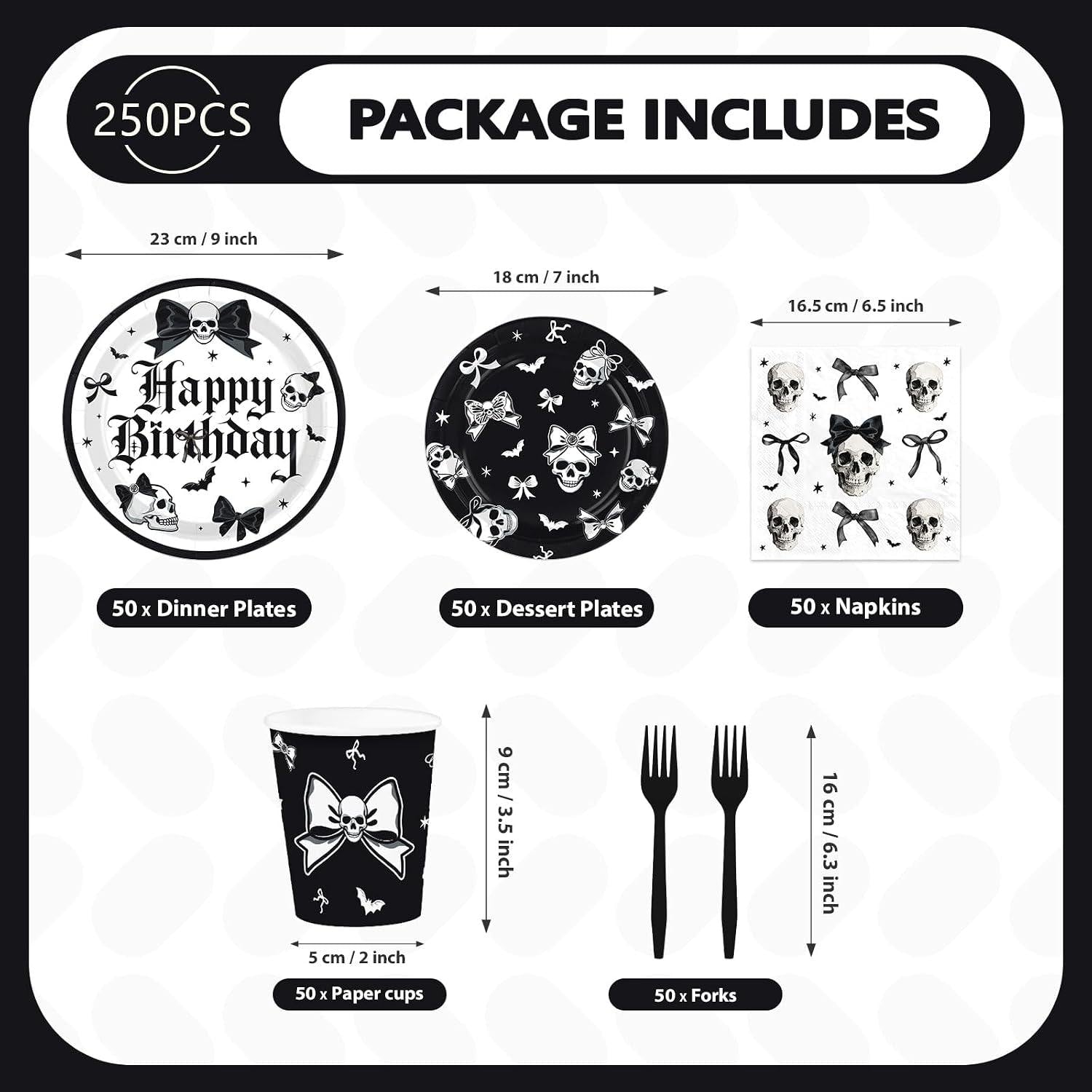Black White Gothic Partyware: 250-Piece Disposable Skull Bats Bows Birthday Halloween Wedding Party Set