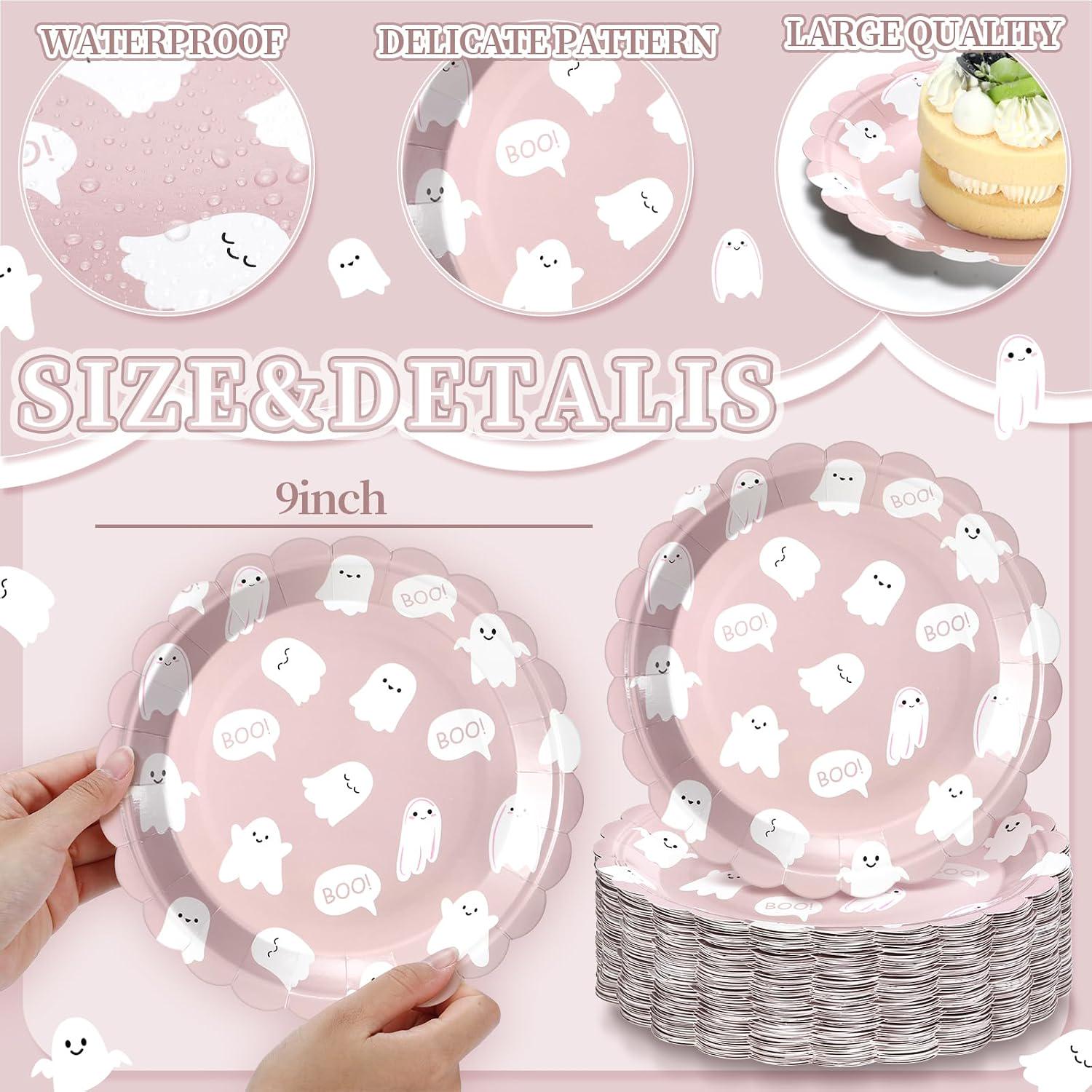 Pink Ghost Paper Plates, 100 Count Disposable 9-Inch Party Plates