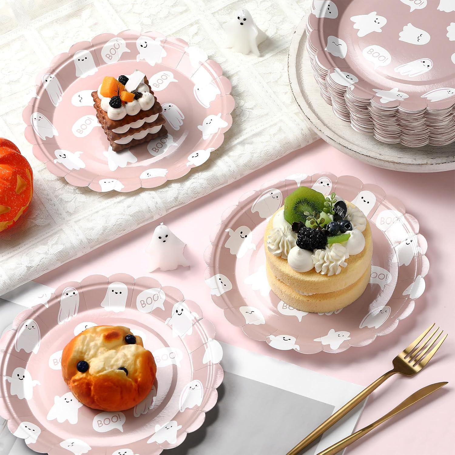 Pink Ghost Paper Plates, 100 Count Disposable 9-Inch Party Plates