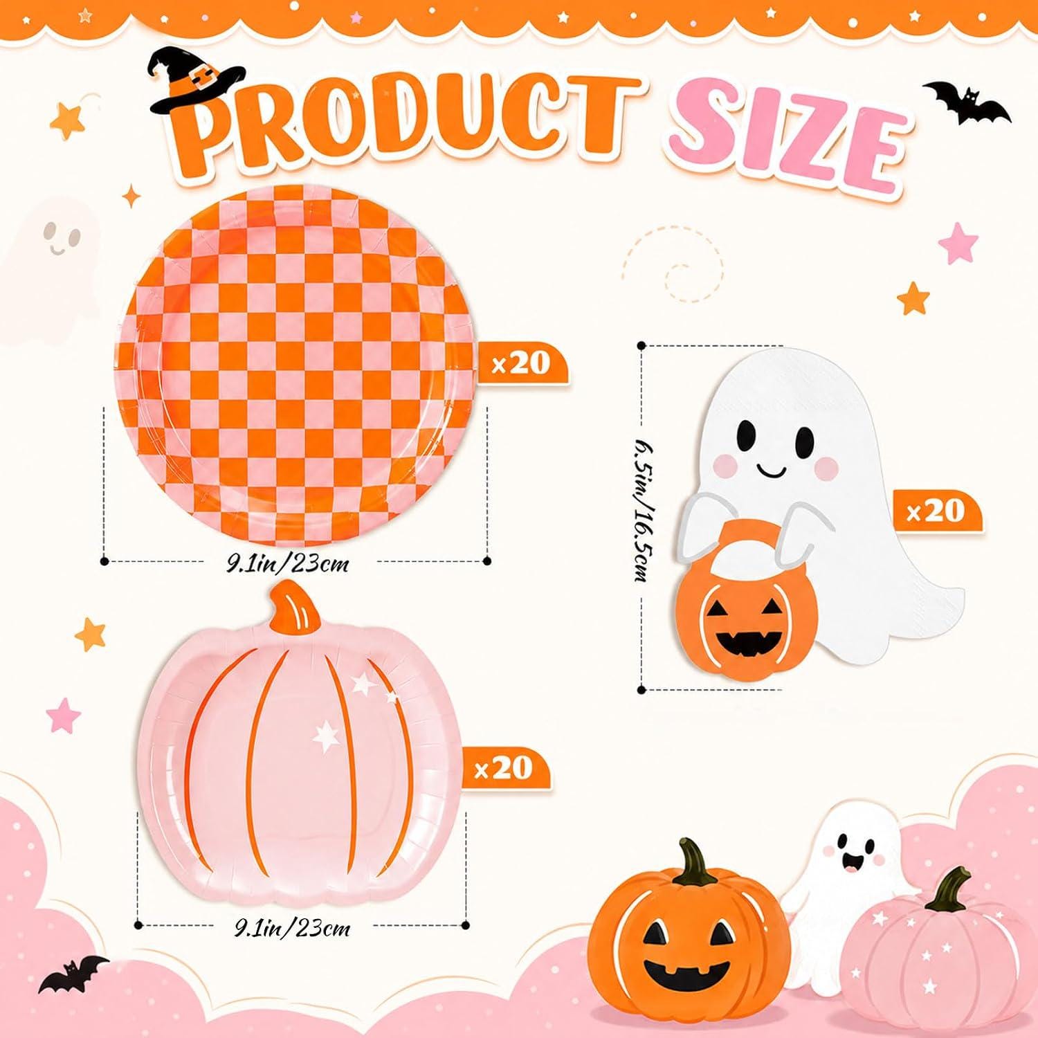 60-Piece Halloween Partyware Set: 9-Inch Paper Plates, Pumpkin & Ghost Napkins