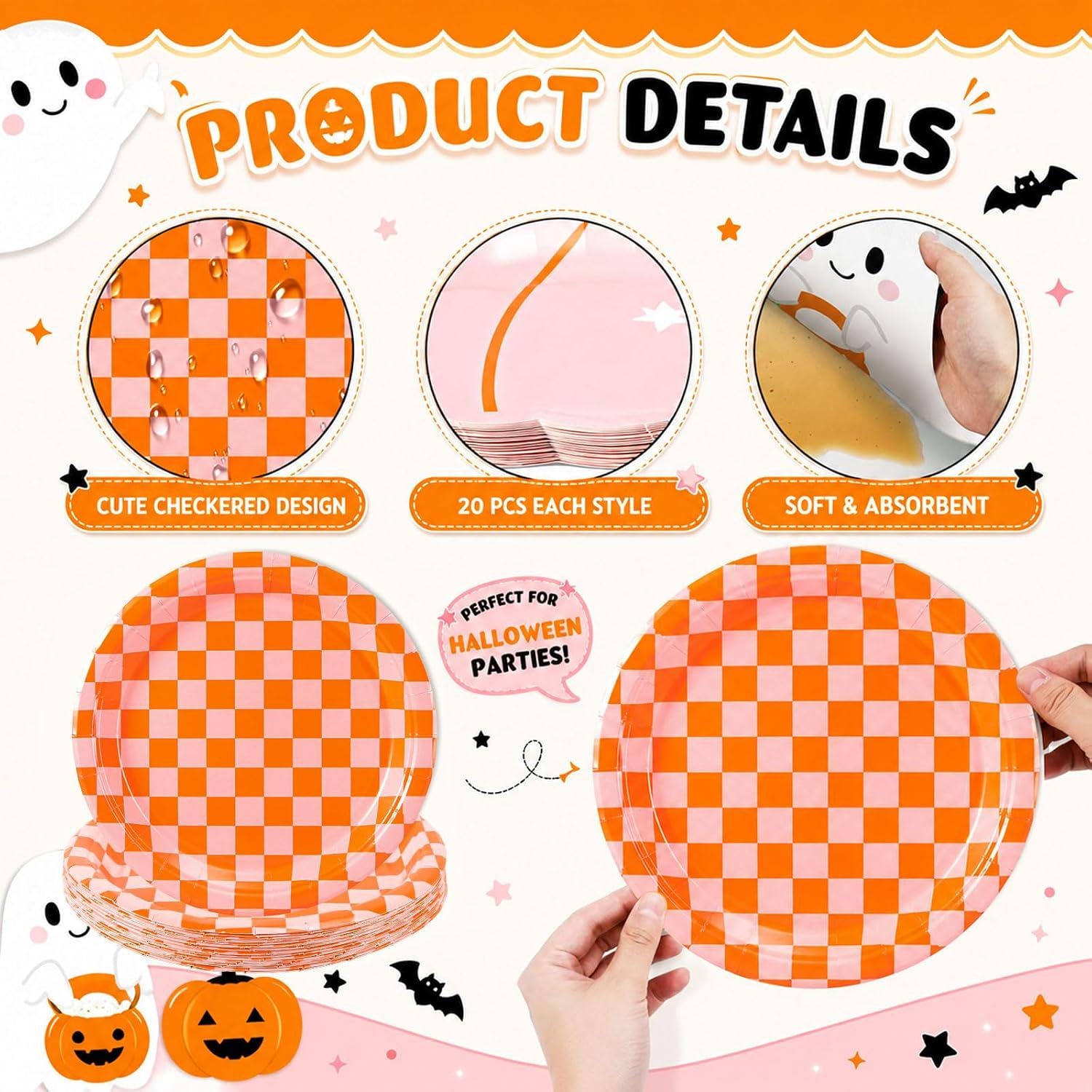 60-Piece Halloween Partyware Set: 9-Inch Paper Plates, Pumpkin & Ghost Napkins
