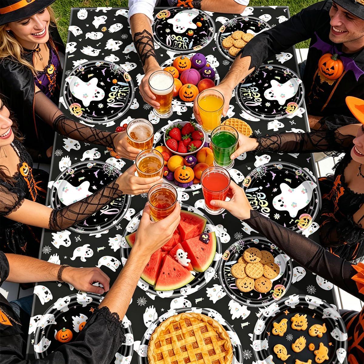 Boo Bash Tablecloth & Plates: 20 Guests, Sturdy Paper, Pastel Flowers