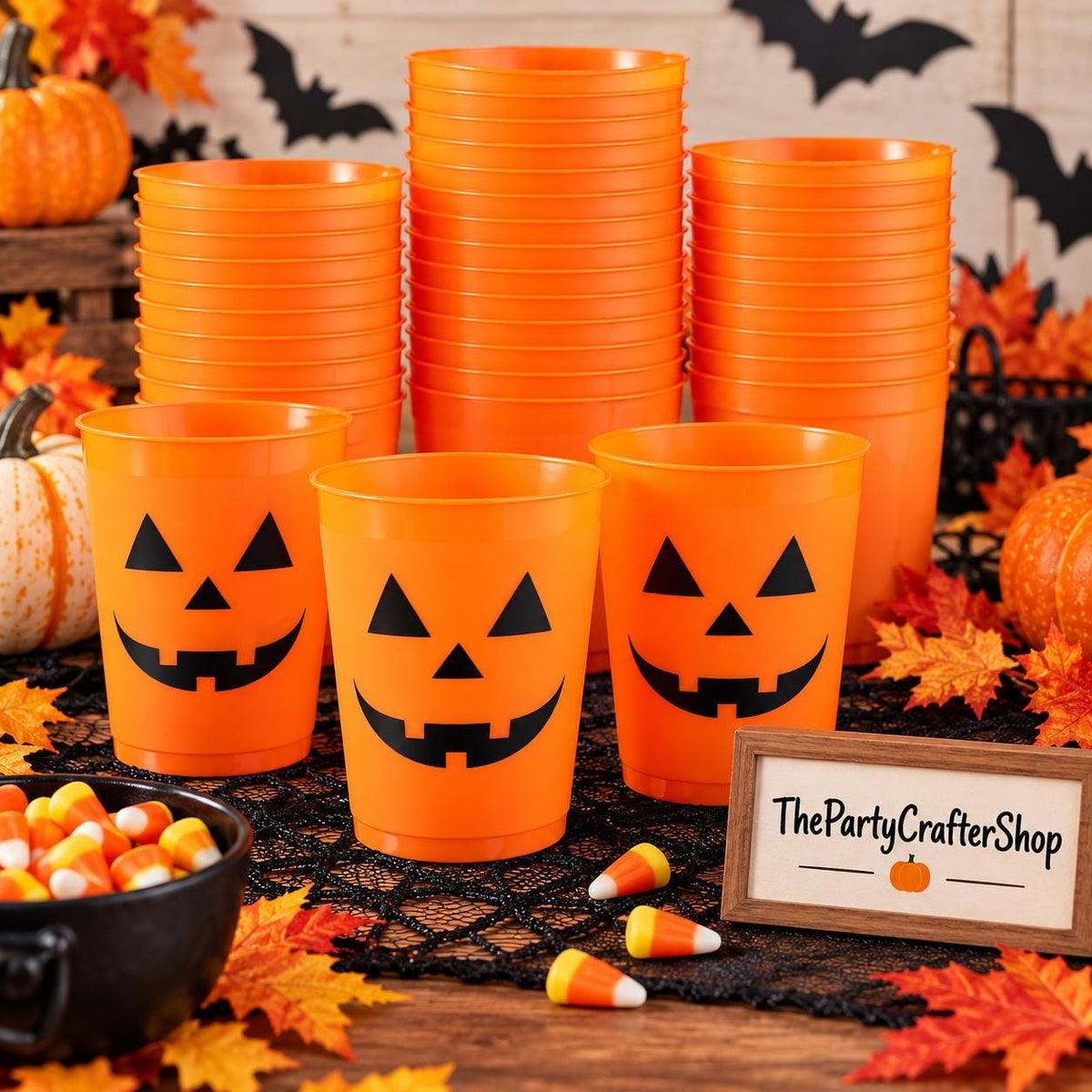 Halloween Party Cups, 100 Orange Jack O Lantern Plastic Cups, 8oz