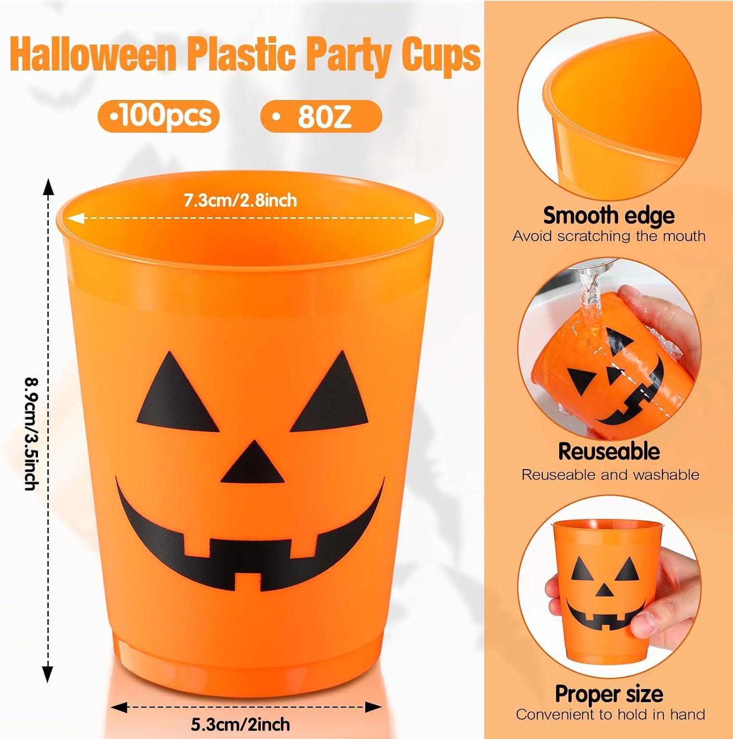 Halloween Party Cups, 100 Orange Jack O Lantern Plastic Cups, 8oz