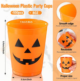 Halloween Party Cups, 100 Orange Jack O Lantern Plastic Cups, 8oz