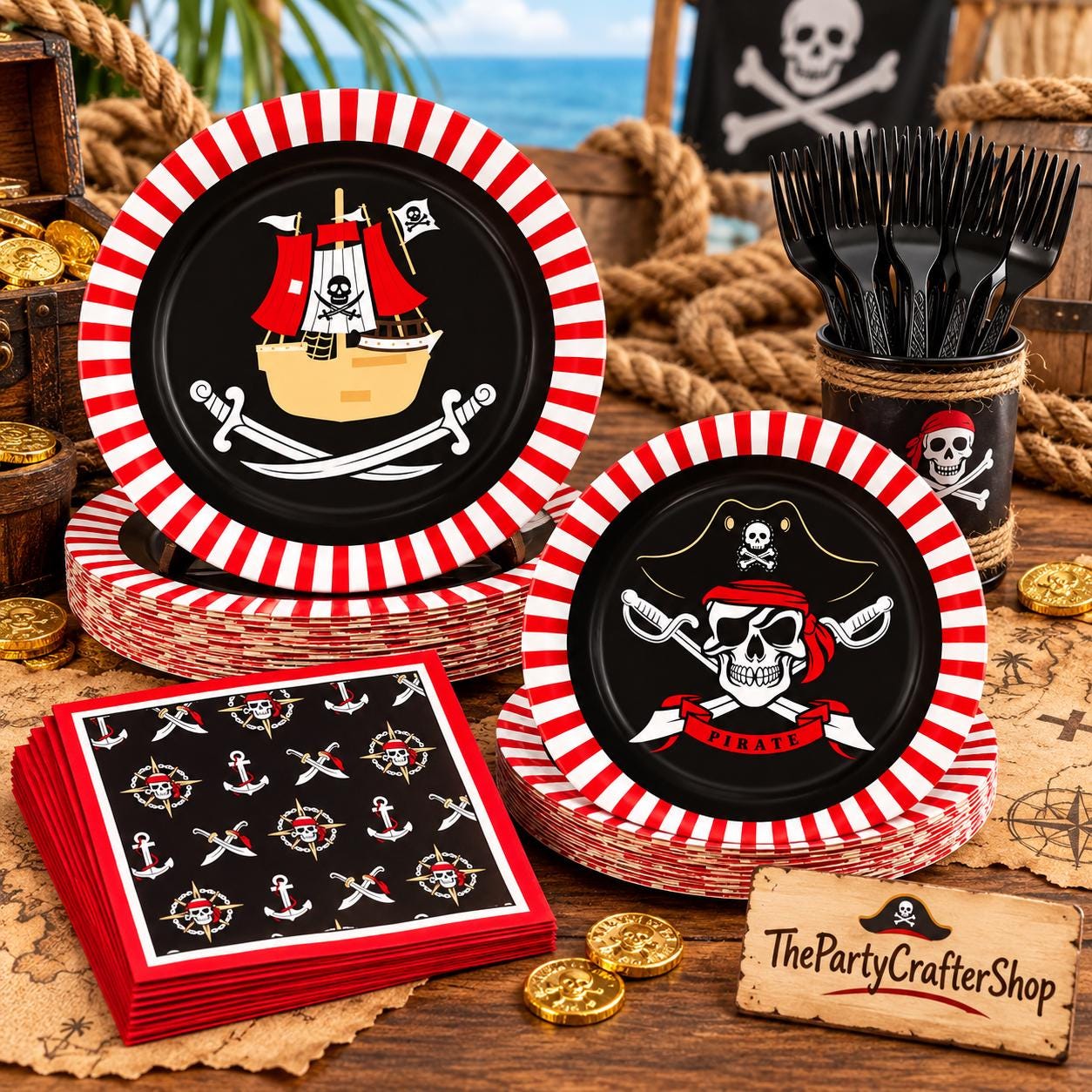 Pirate Party Tableware Set: 24 Plates, Napkins, Forks (Disposable)