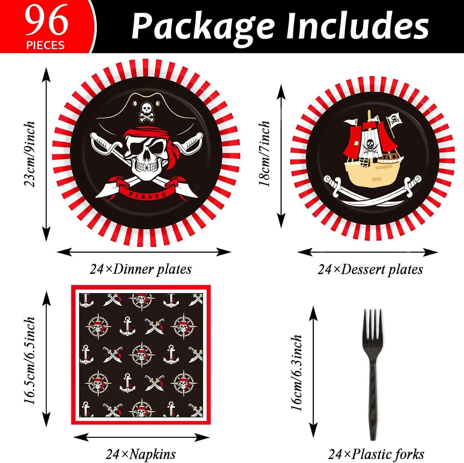 Pirate Party Tableware Set: 24 Plates, Napkins, Forks (Disposable)