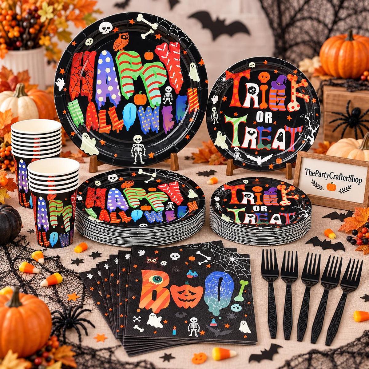 125-Piece Halloween Partyware Set, 9-Inch Dinner Plates, 7-Inch Dessert Plates, 8-Ounce Cups, Napkins, Forks