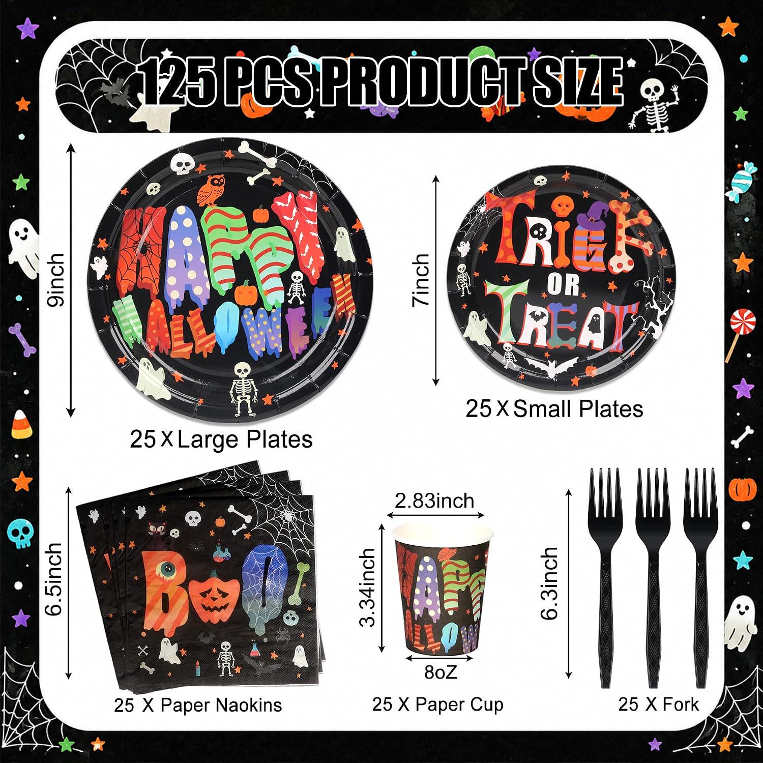 125-Piece Halloween Partyware Set, 9-Inch Dinner Plates, 7-Inch Dessert Plates, 8-Ounce Cups, Napkins, Forks