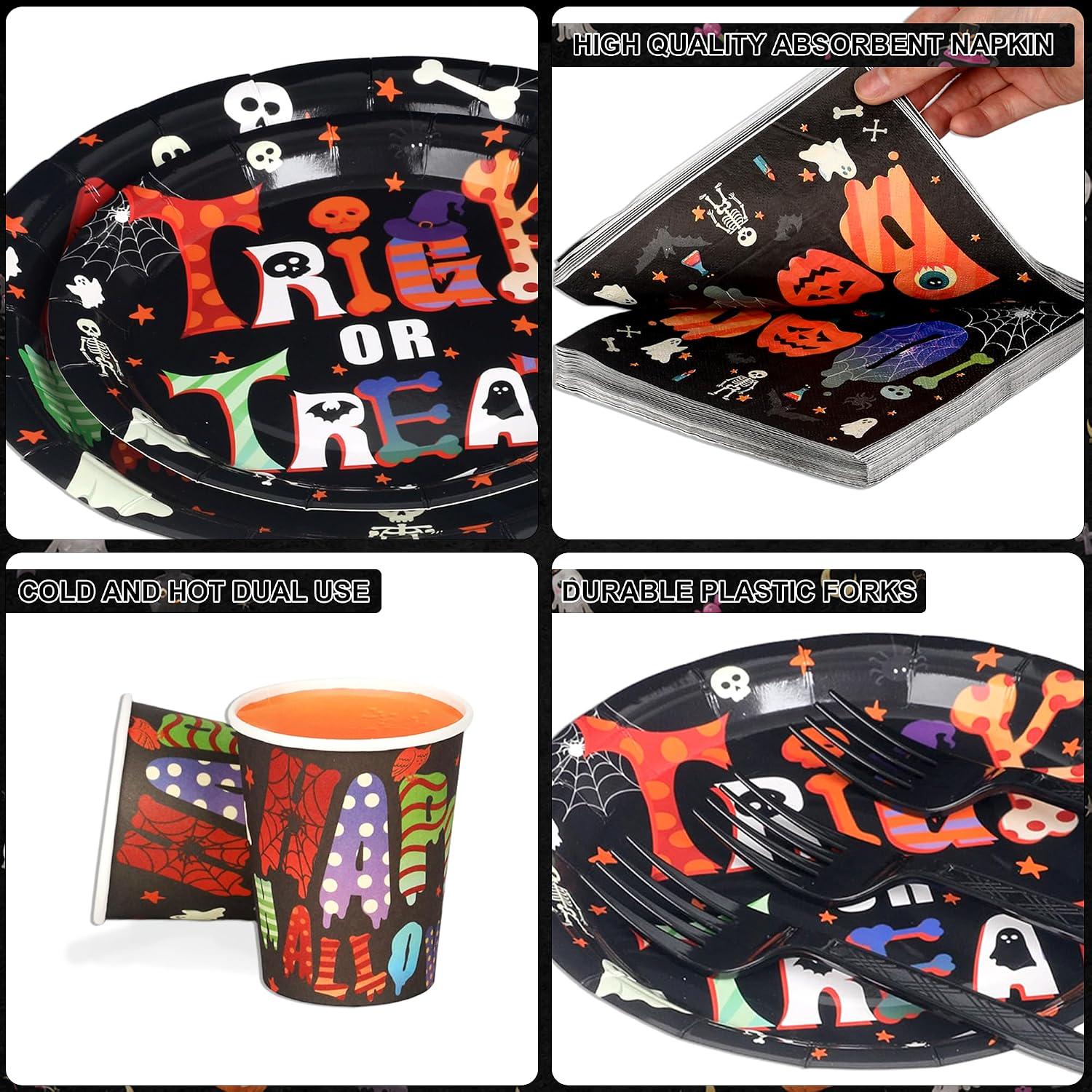 125-Piece Halloween Partyware Set, 9-Inch Dinner Plates, 7-Inch Dessert Plates, 8-Ounce Cups, Napkins, Forks