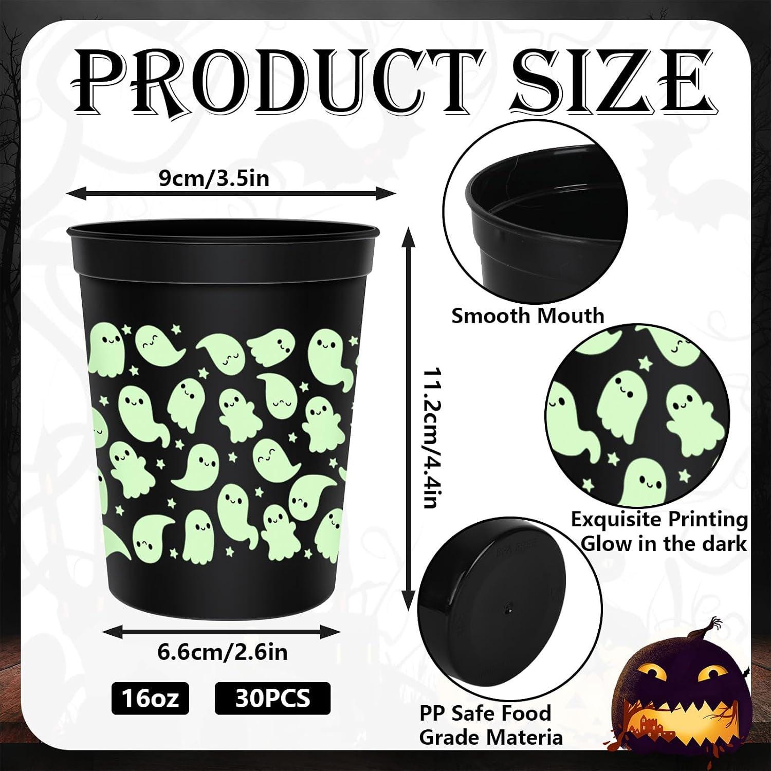 Halloween Ghost Cups: 30-Pack 16oz Stackable Disposable Cups for Cold Drinks