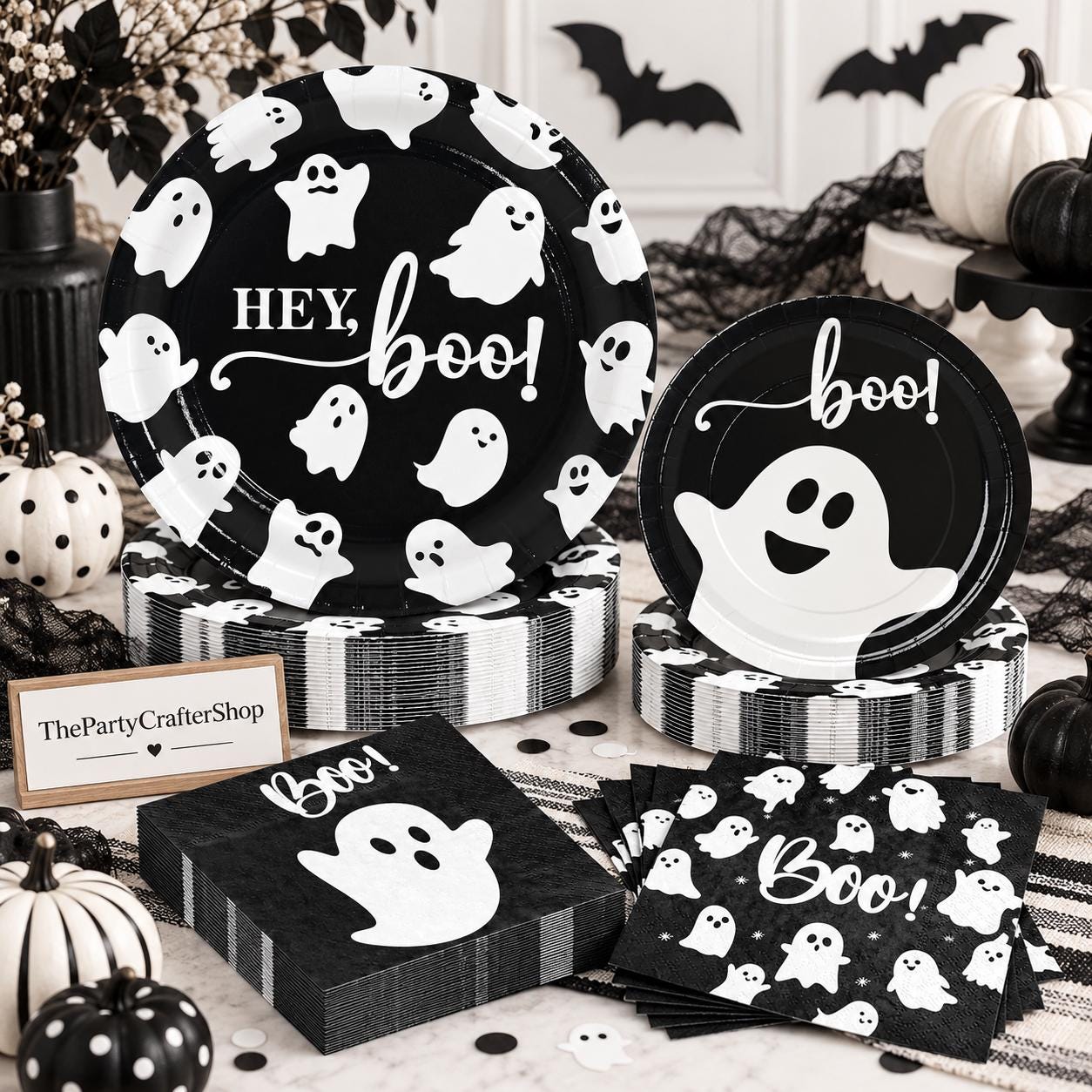 180-Piece Halloween Partyware Set: 9-Inch Plates, 7-Inch Dessert Plates, Napkins
