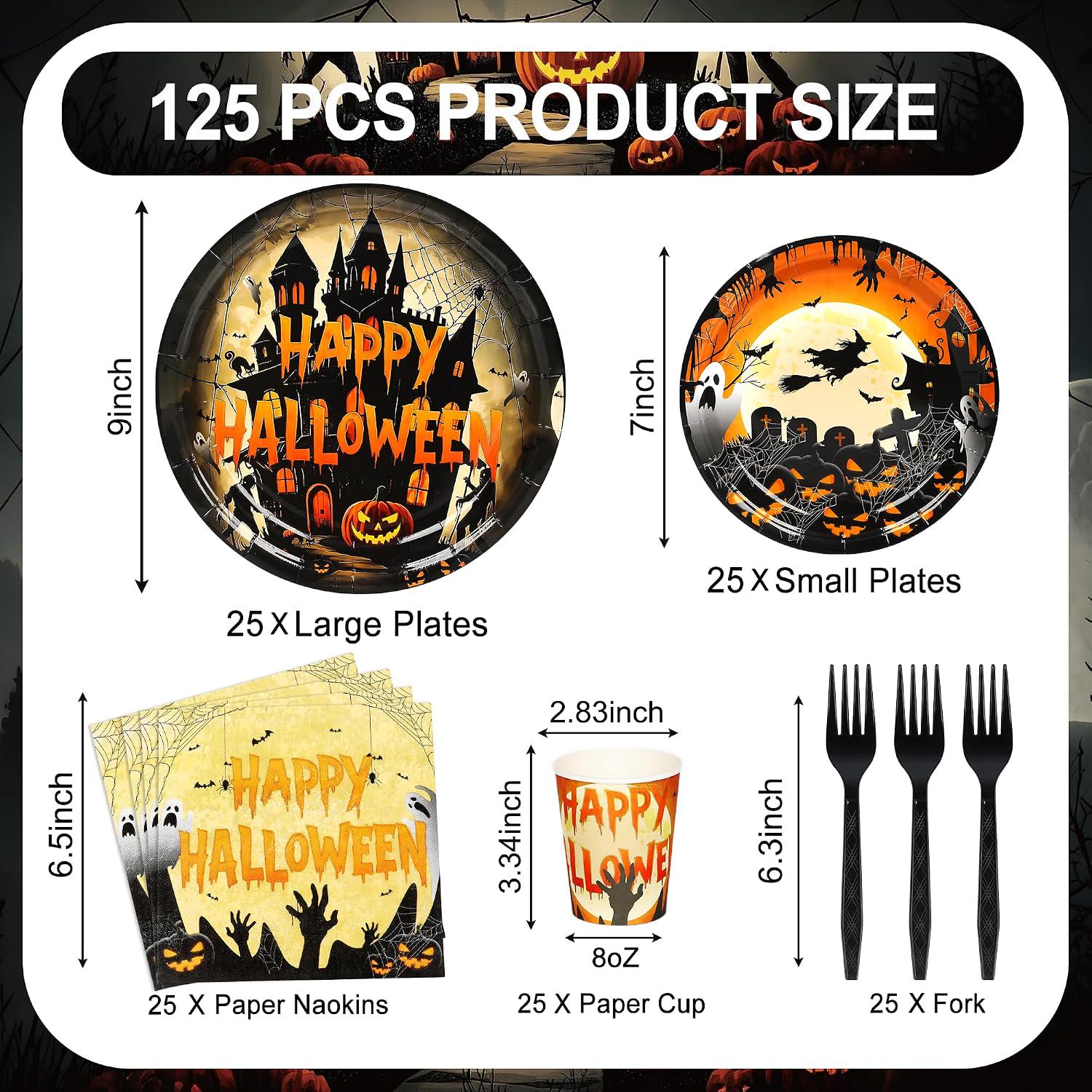Halloween 125-Piece Partyware Set, Dinner Plates, Dessert Plates, Cups, Napkins, Forks