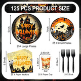 Halloween 125-Piece Partyware Set, Dinner Plates, Dessert Plates, Cups, Napkins, Forks