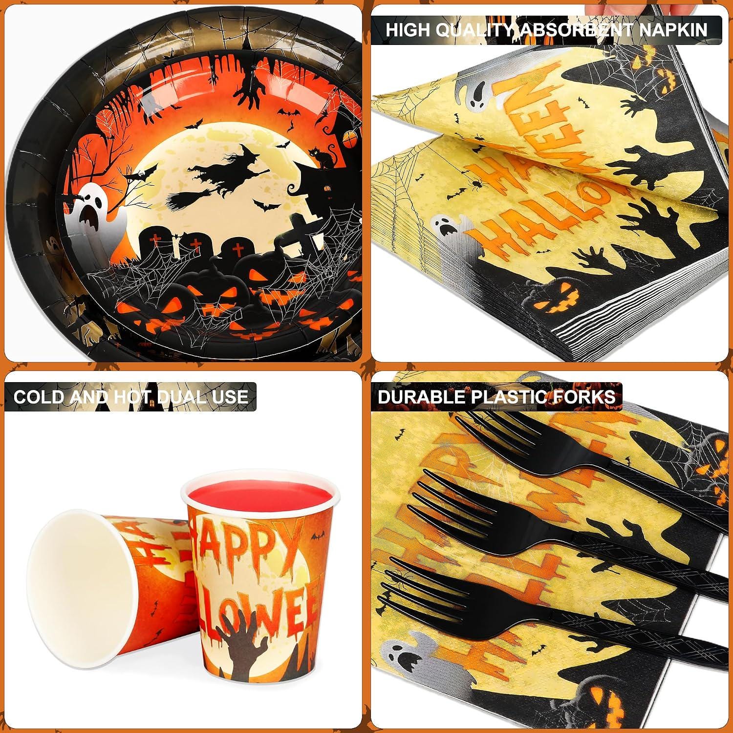 Halloween 125-Piece Partyware Set, Dinner Plates, Dessert Plates, Cups, Napkins, Forks