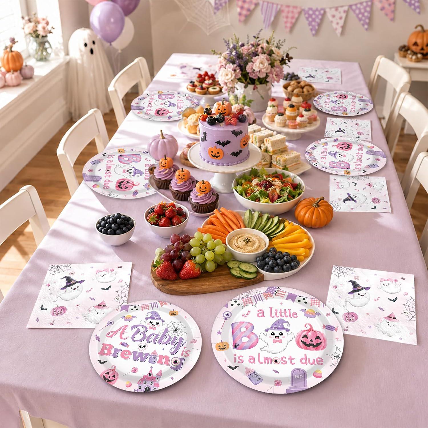96-Piece Halloween Baby Shower Partyware Set, 9-Inch Plates, 7-Inch Dessert Plates, Napkins, Forks
