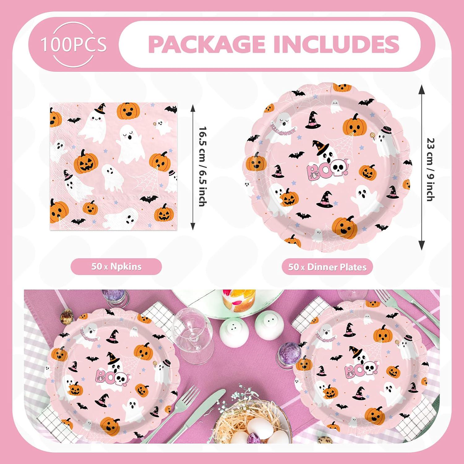 Pink Halloween Tableware: 9-Inch Ghost Dinner Plates, 6.5-Inch Napkins (100pc)