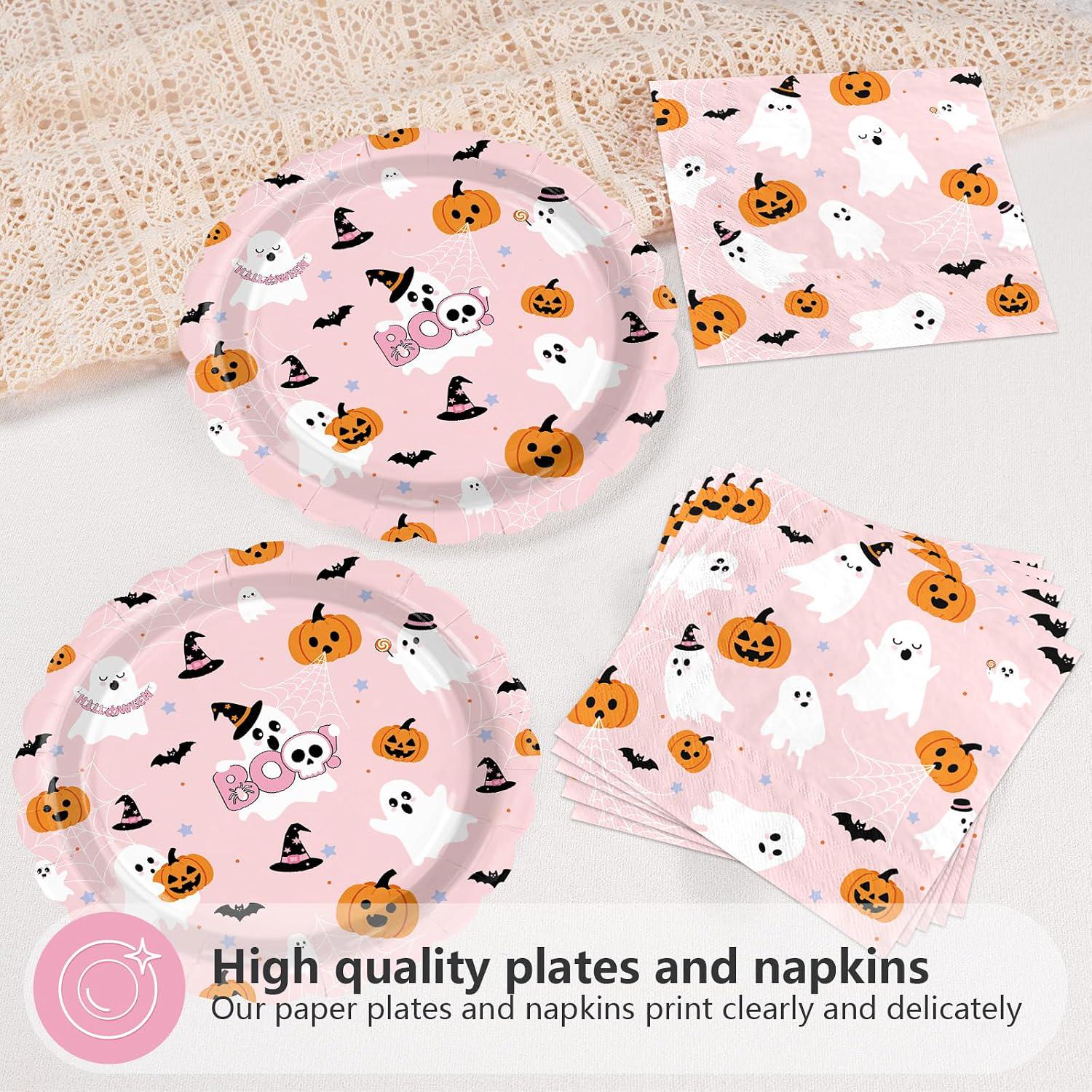 Pink Halloween Tableware: 9-Inch Ghost Dinner Plates, 6.5-Inch Napkins (100pc)