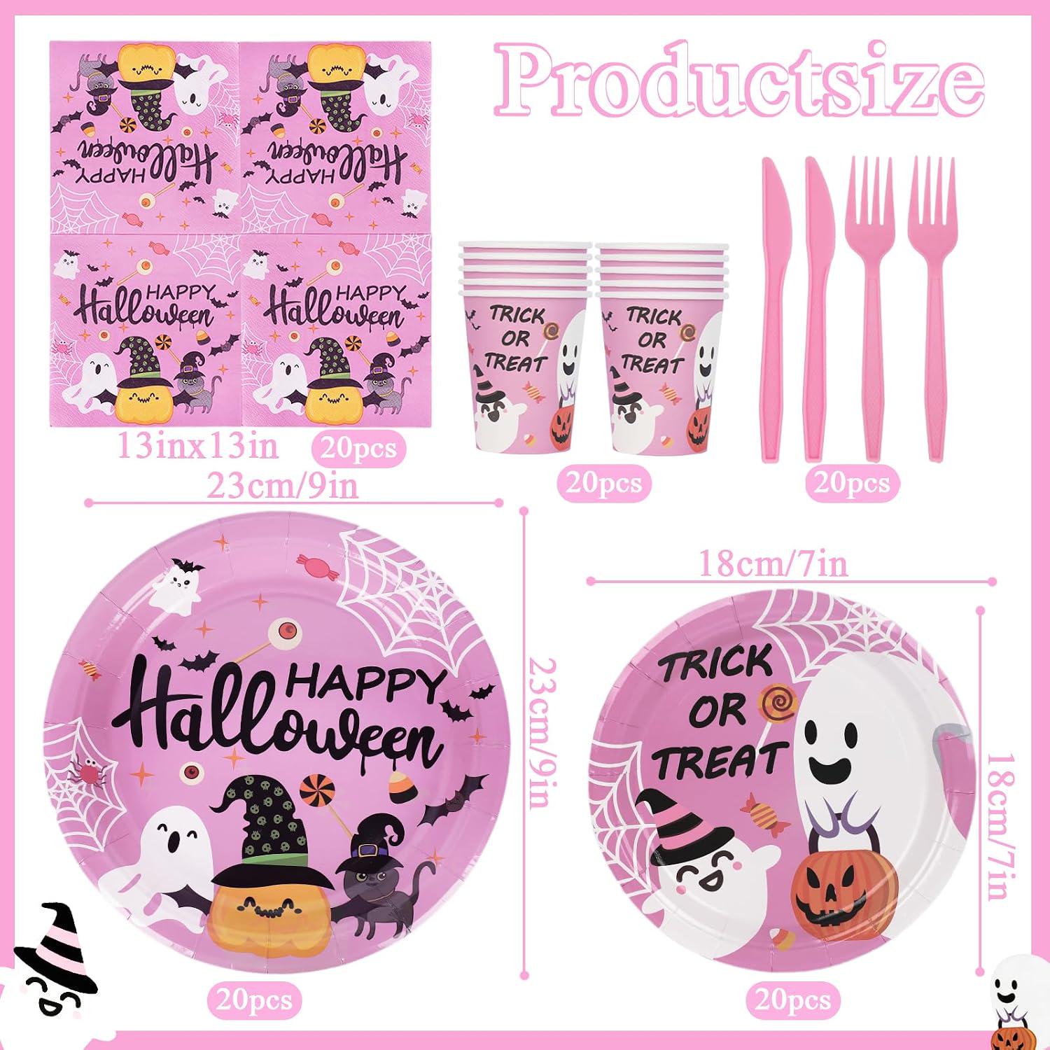 Pink Halloween Tableware: 120-Piece Disposable Set with Ghosts, Pumpkins, Bats, Spider Webs