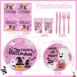 Pink Halloween Tableware: 120-Piece Disposable Set with Ghosts, Pumpkins, Bats, Spider Webs