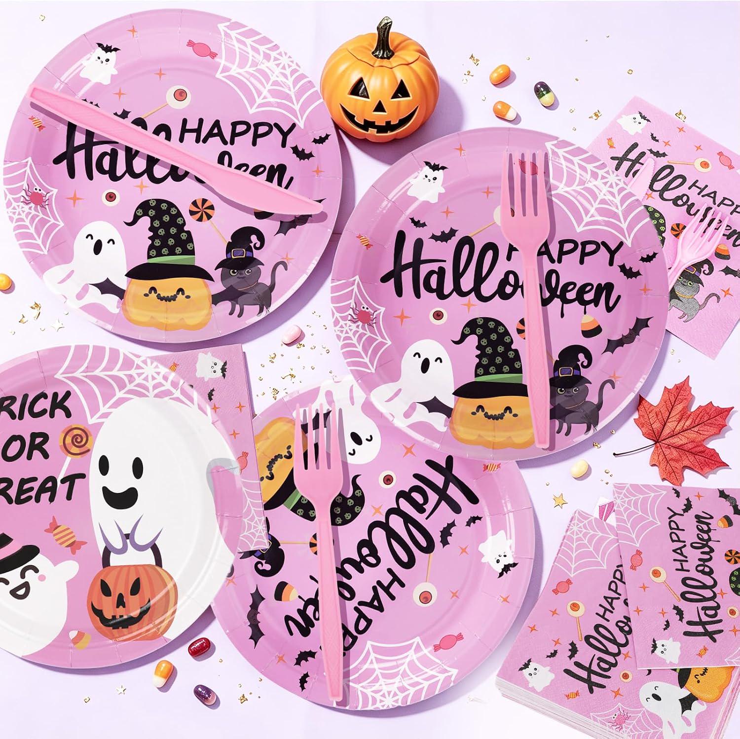 Pink Halloween Tableware: 120-Piece Disposable Set with Ghosts, Pumpkins, Bats, Spider Webs