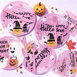 Pink Halloween Tableware: 120-Piece Disposable Set with Ghosts, Pumpkins, Bats, Spider Webs