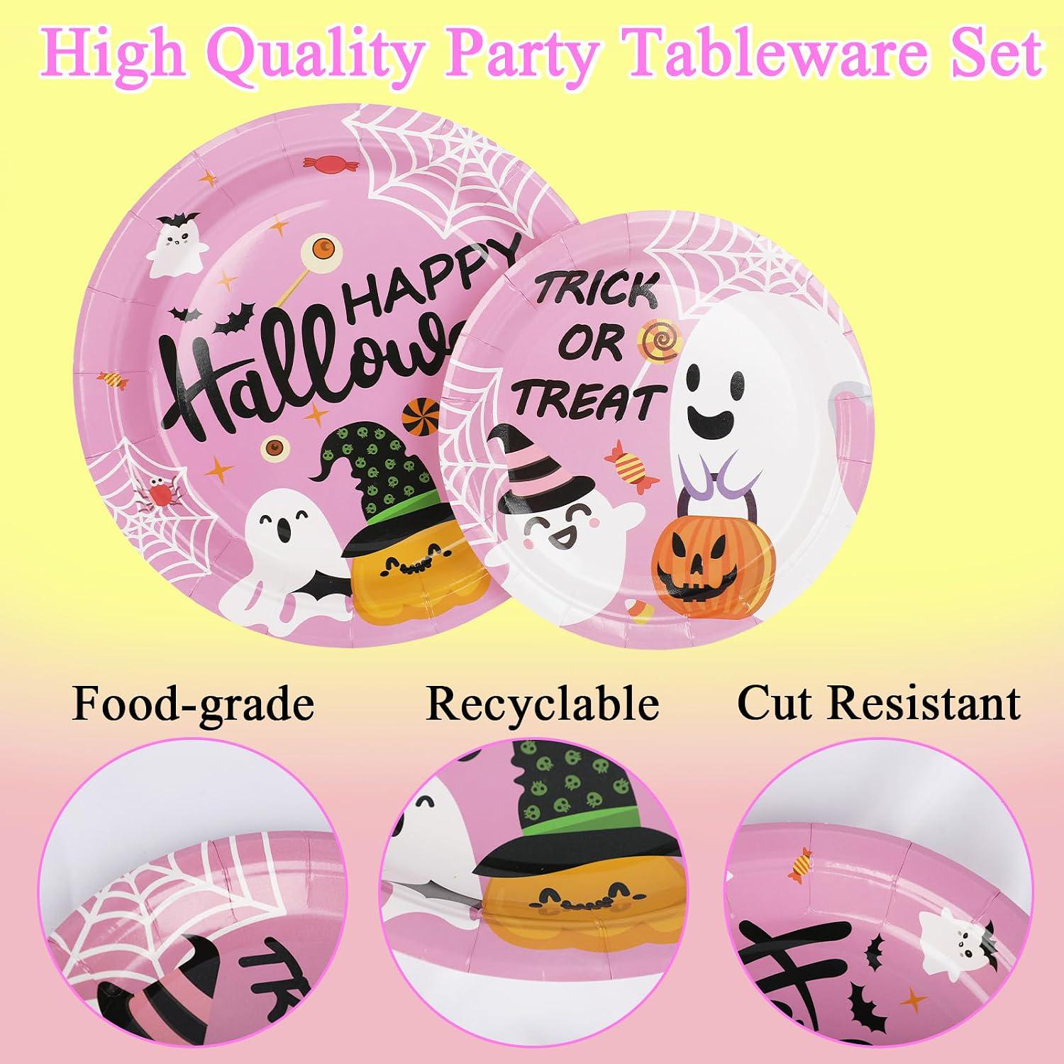 Pink Halloween Tableware: 120-Piece Disposable Set with Ghosts, Pumpkins, Bats, Spider Webs