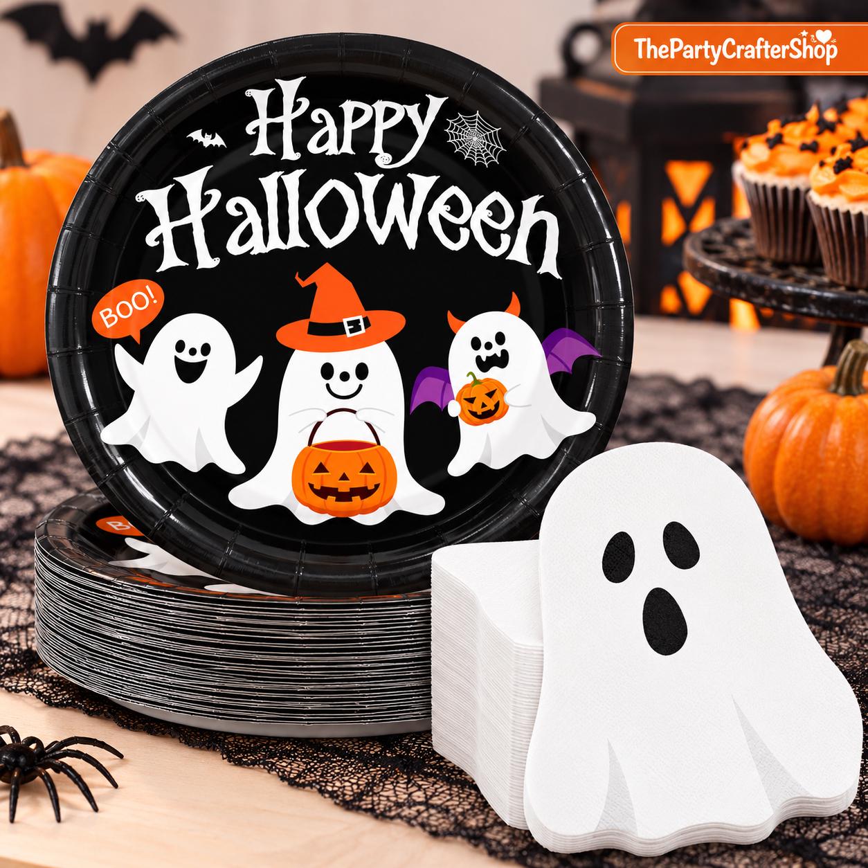 Black White Ghost Theme Party Supplies: Thick Paperboard Disposable Plates