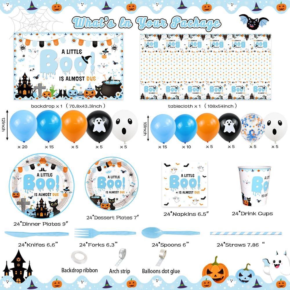 A Little Boo Baby Shower Set: Halloween Backdrop, Balloons, Tablecloth