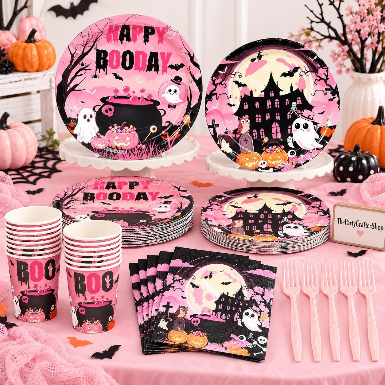 125 Piece Halloween Partyware Set, 9-Inch Plates, 7-Inch Dessert Plates, 8-Ounce Cups, Napkins, Forks