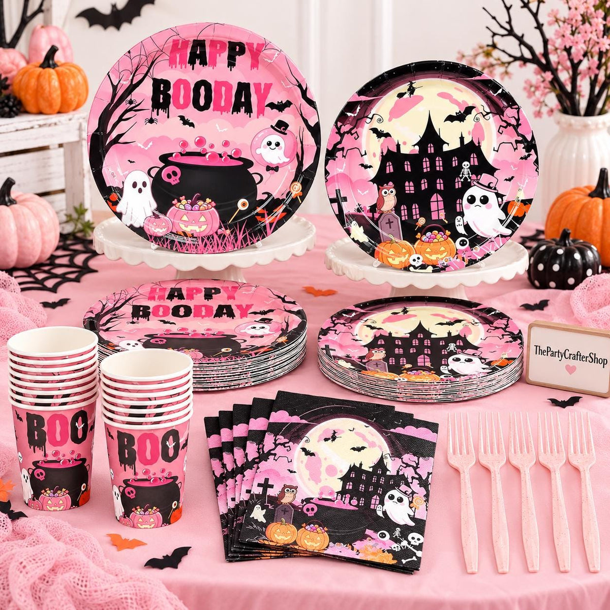 125 Piece Halloween Partyware Set, 9-Inch Plates, 7-Inch Dessert Plates, 8-Ounce Cups, Napkins, Forks