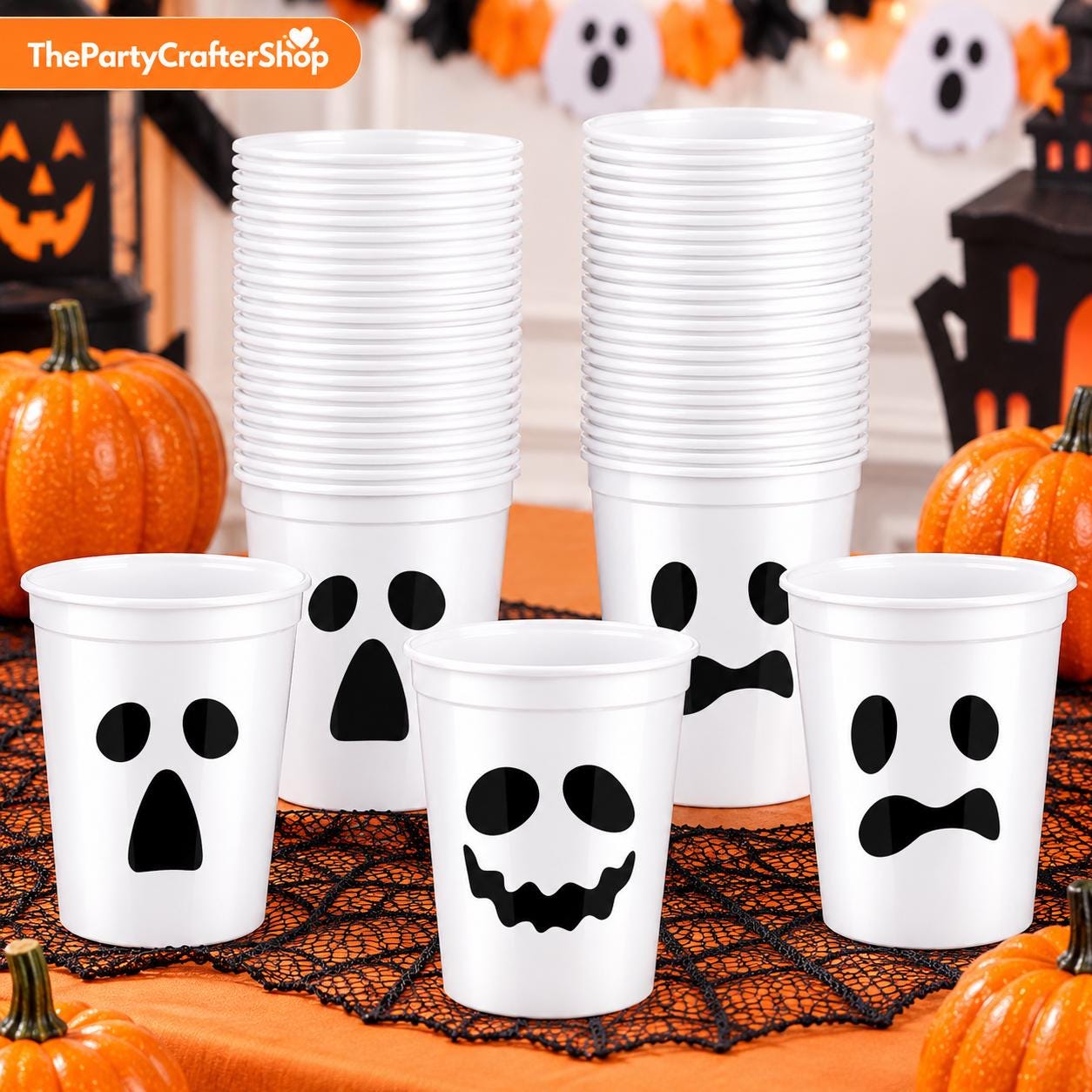 48-Count Halloween Cups, White Plastic Ghosts for Drinks and Snacks