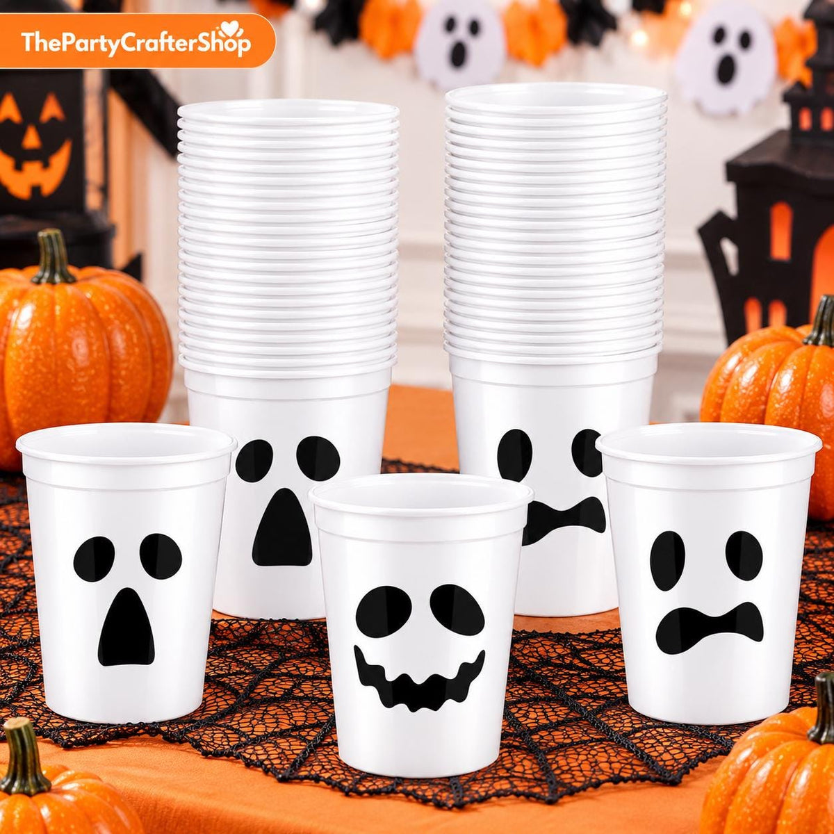 48-Count Halloween Cups, White Plastic Ghosts for Drinks and Snacks