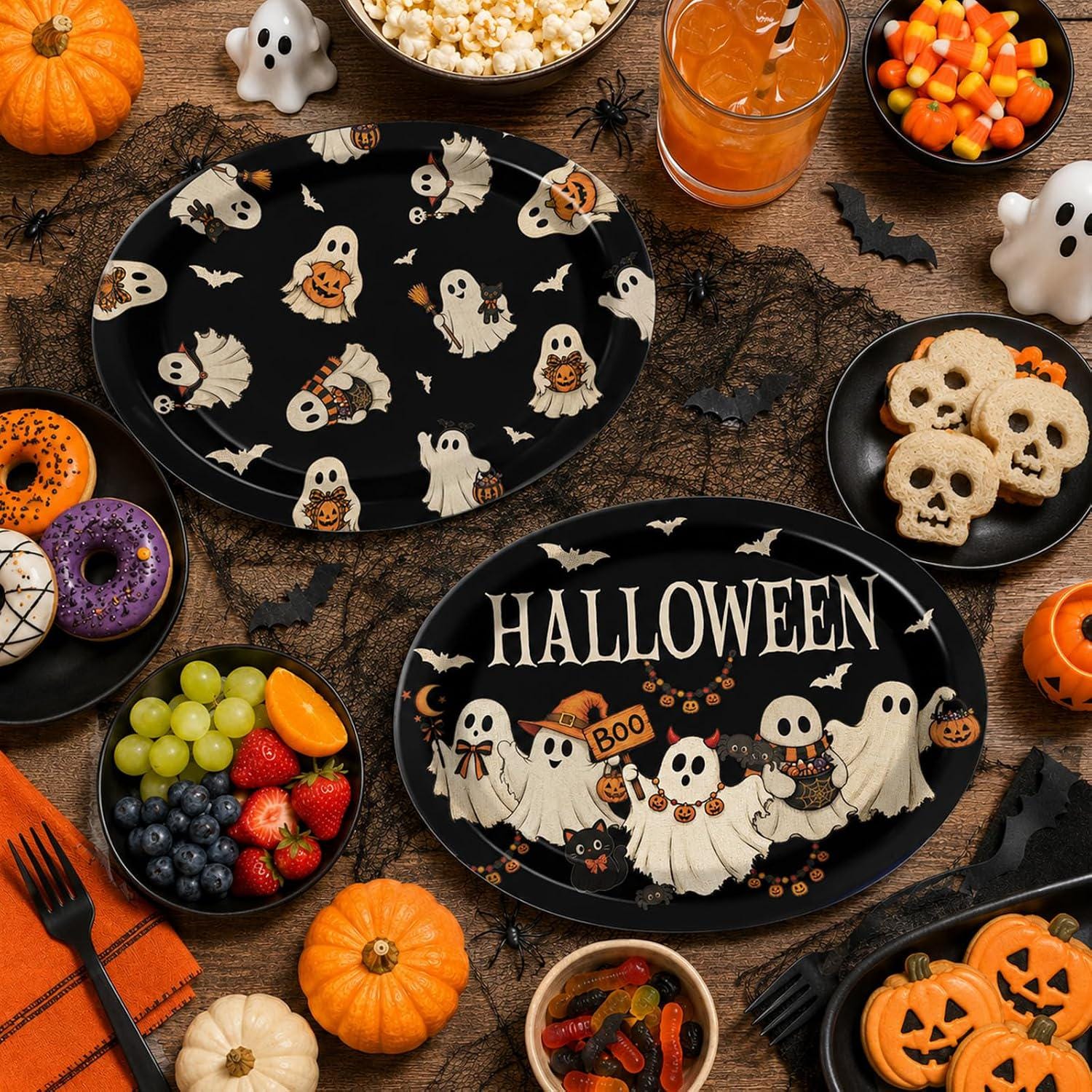 Halloween Paper Plates: Set of 50 Large Oval Retro Ghost Party Tableware