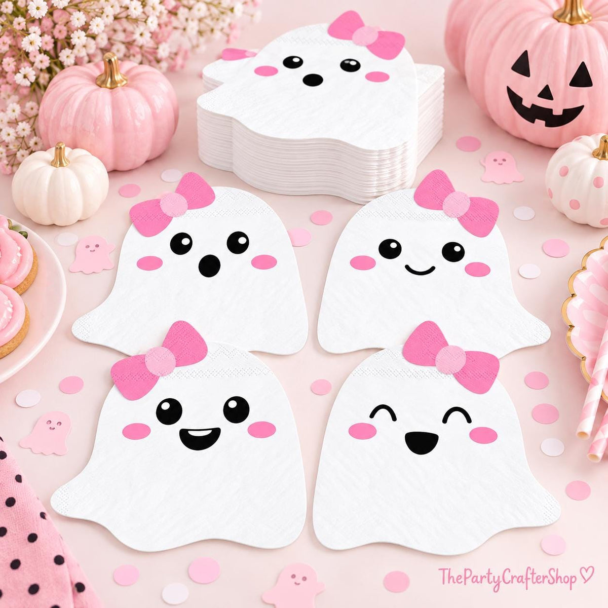 Ghost Napkins: Set of 100 Disposable Paper with Pink Bows (6.3x5.2 Inch)
