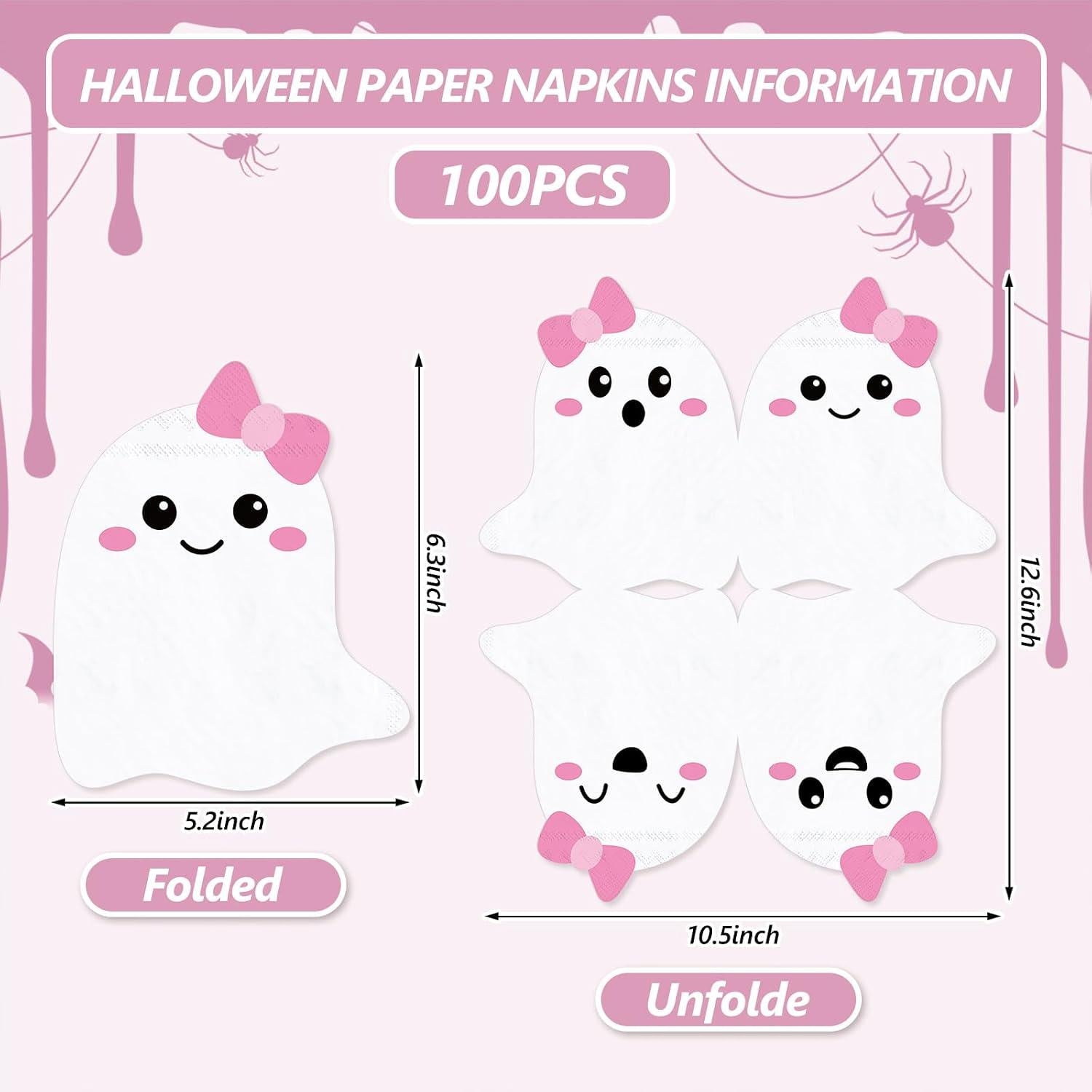 Ghost Napkins: Set of 100 Disposable Paper with Pink Bows (6.3x5.2 Inch)