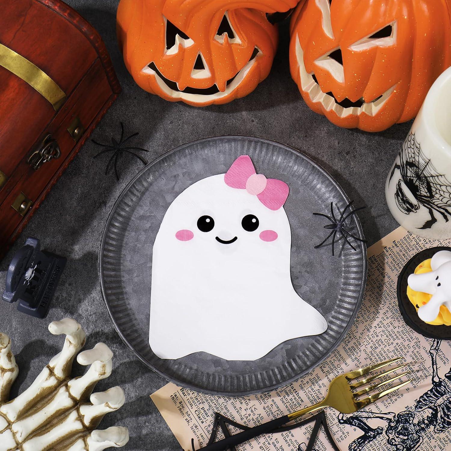 Ghost Napkins: Set of 100 Disposable Paper with Pink Bows (6.3x5.2 Inch)