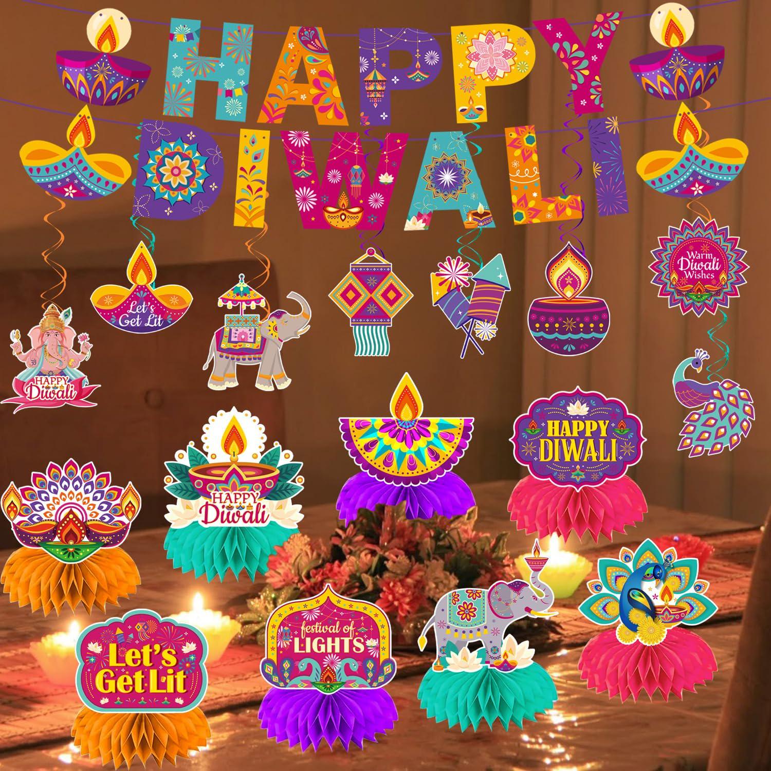 Happy Diwali Banner and Centerpieces: Coordinated Indian Cultural Event Decor Set